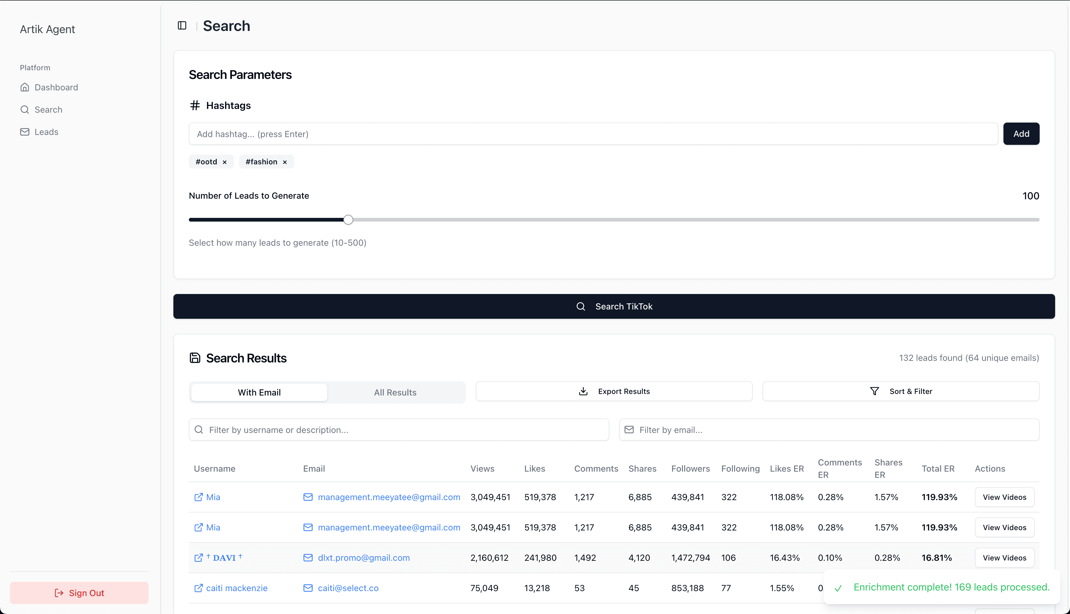 Artik Search Dashboard Interface